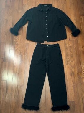 Nasty Gal Black Denim Set with Faux-Fur Hem